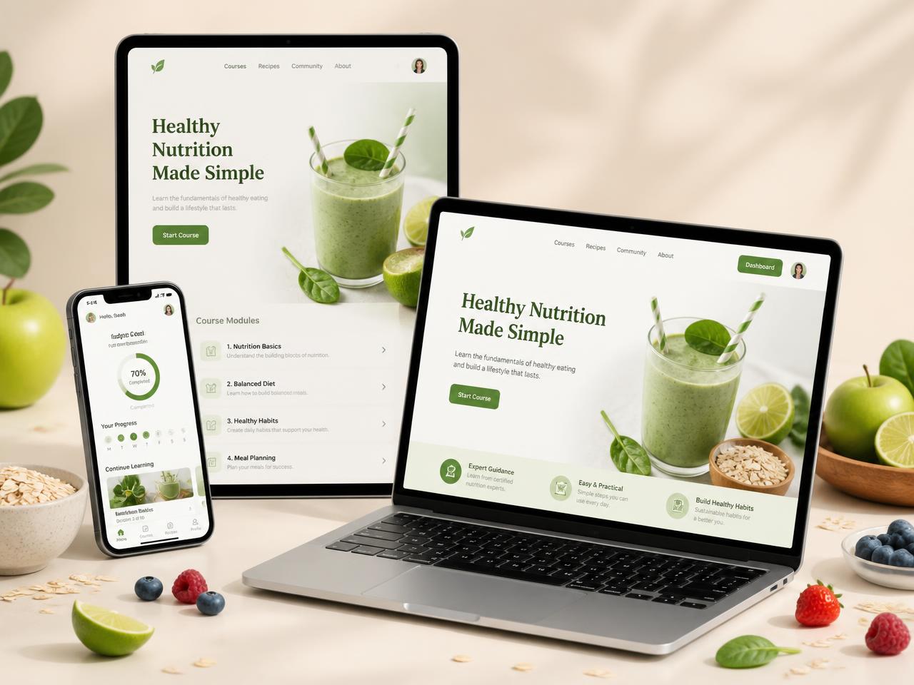 Método SaciaLeve exibido em celular, tablet e notebook, cercado por frutas e ingredientes naturais